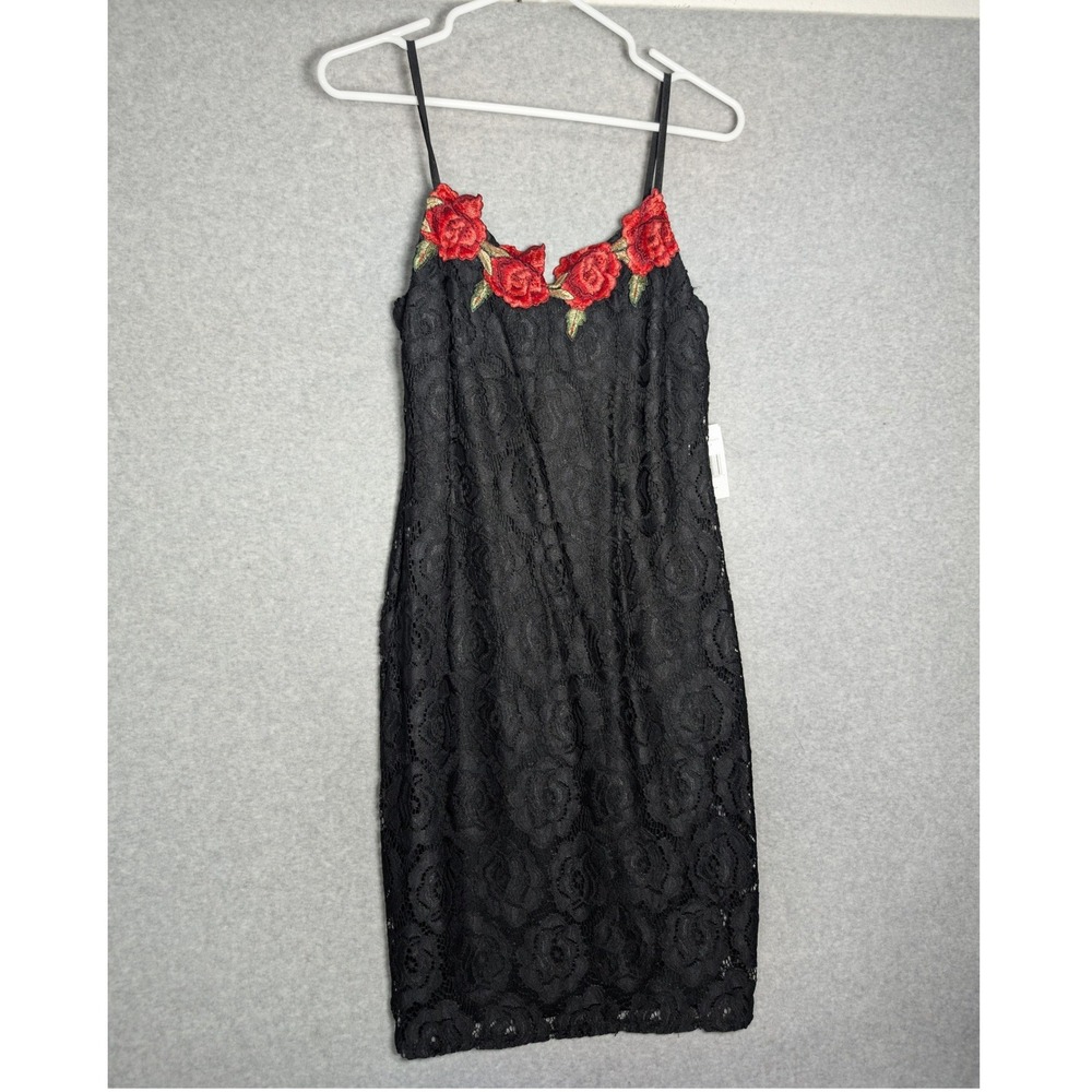 JODI KRISTOPHER Black Lace Bodycon Dress Size 7 Rose Embroidery Femme Fatale 90s